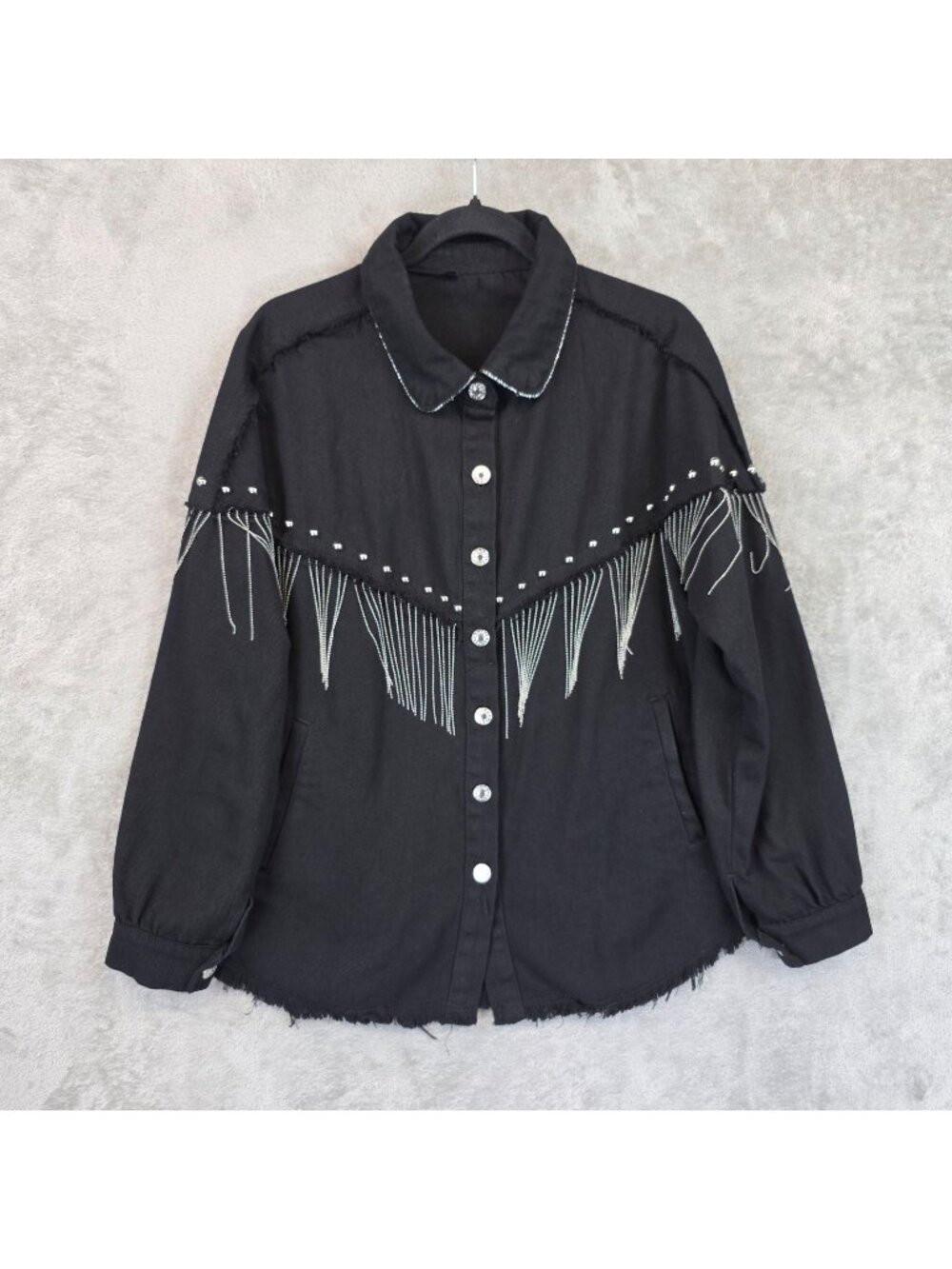 Fashion Jacket Womens Medium Black Cotton Western Chain Fringe Studded Button